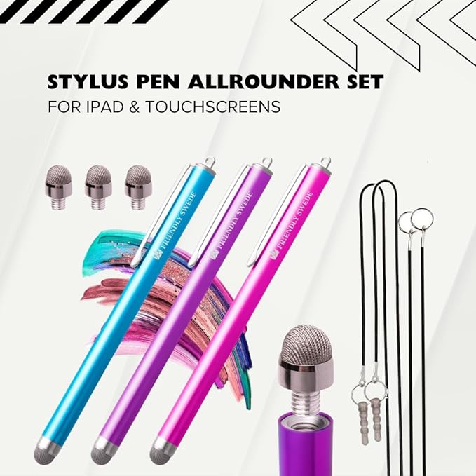 The Friendly Swede Mesh Tip Stylus Pen for Touchscreen — 3-Pack Micro-Knit Capacitive Stylus Pen for iPad & iPhone with 3 Replaceable Fiber Tips, Elastic Lanyards & Screen Cleaning Cloth