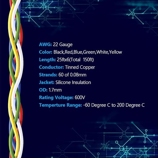 Fermerry 22 AWG Stranded Wire Spool 25ft Each 6 Colors Flexible 22 Gauge Silicone Hook up Wire Kit Electrical Tinned Copper Wire