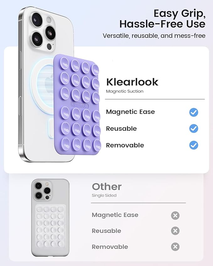 Klearlook Magnetic Suction Phone Mount for MagSafe Case, Removable Sticky Phone Grip Holder for Hands-Free Makeup/Selfie/Live Streaming/Vlog for TikTok & Instagram Influencer/Creator, Lavender