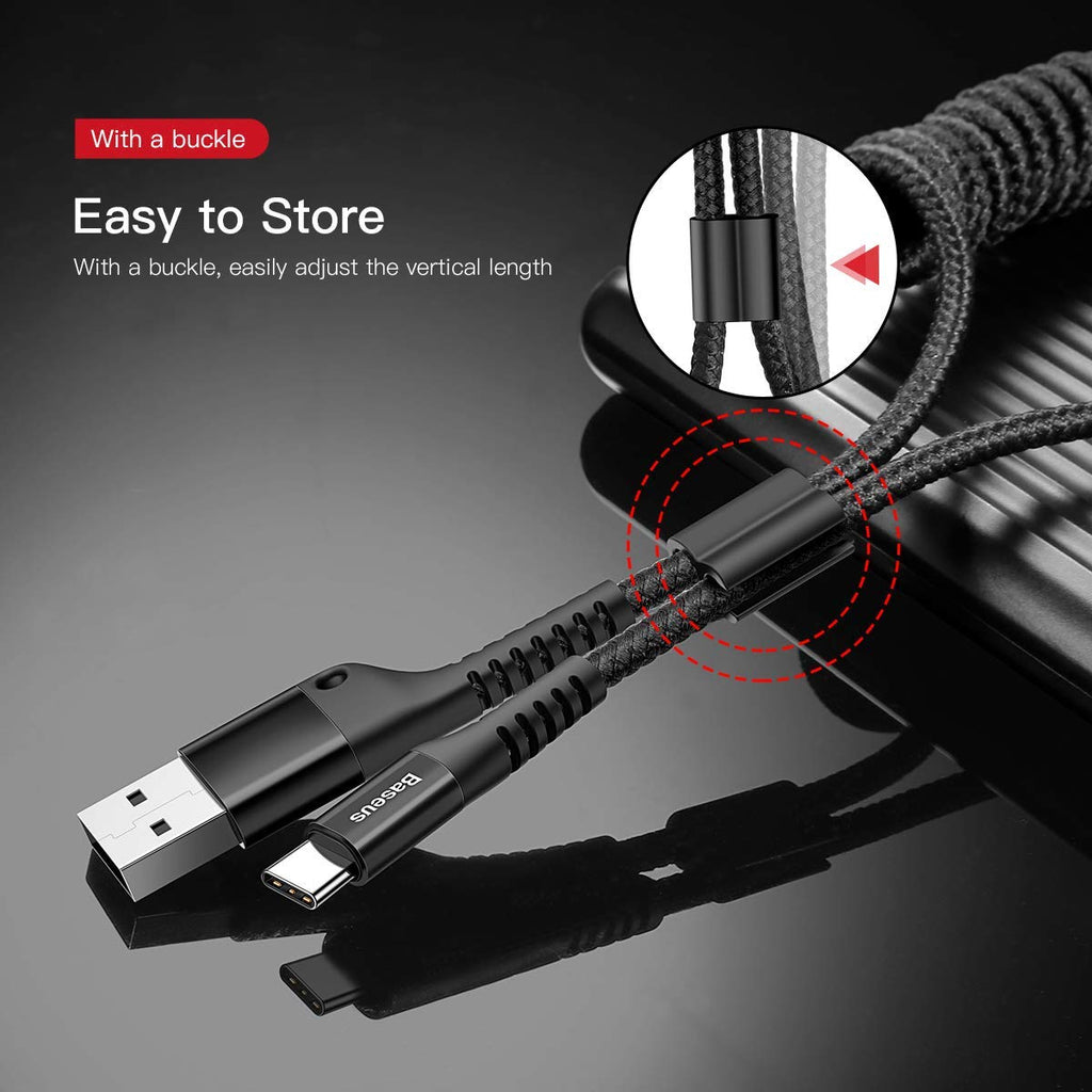 Baseus USB Type C Cable for Car, Retractable Cable(3FT) Curly USB A to USB-C Fast Charger Cord Compatible Samsung Galaxy S10 S9 S8 Plus Note 9 8, Moto Z, LG5/G6/V20, USB C Devices (Black)