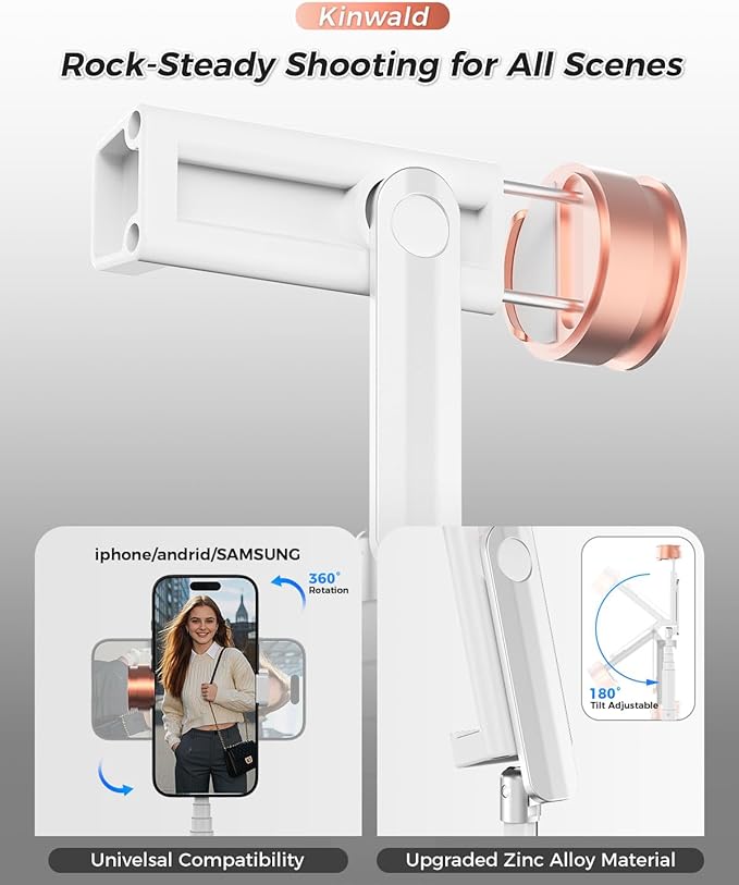 Selfie Stick Tripod for iPhone & Android, Portable Phone Tripod Stand with Bluetooth Remote, One-Click Open, Compact & Lightweight, All-in-1 for Vlog/Travel/Photography (White)
