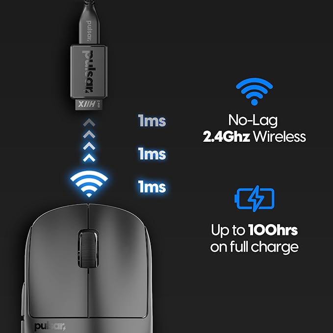 Pulsar Gaming Gears X2H Wireless Gaming Mouse, Ultra Lightweight 1.90 oz (54 g), Symmetrical, Optical Switch, 2.4 Ghz 1 ms, 26000 DPI, PAW3395 Sensor (Medium, Wireless, Black)
