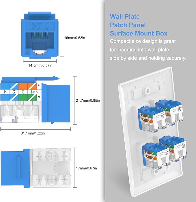 VCE UL Listed 10Gbps Cat6 Keystone Jack Insert 25-Pack, 90 Degree Punch Down RJ45 Keystone Jack Adapter Slim Profile Blue