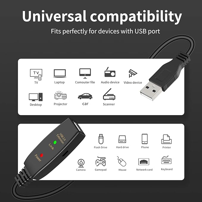 LDKCOK 50FT Active USB Extension Cable 2.0 Male to Female with A Extension chipset Signal Booster - Active Extension/Repeate