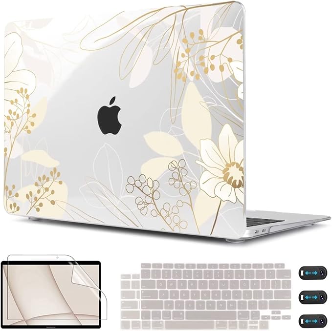 CISSOOK for MacBook Air 13 inch Case 2021 2020 2019 2018 Release Model A2337 A2179 A1932 with Retina Display +Touch ID, Plastic Hard Shell Case + Keyboard Cover for MacBook Air 13 M1, Golden Flowers