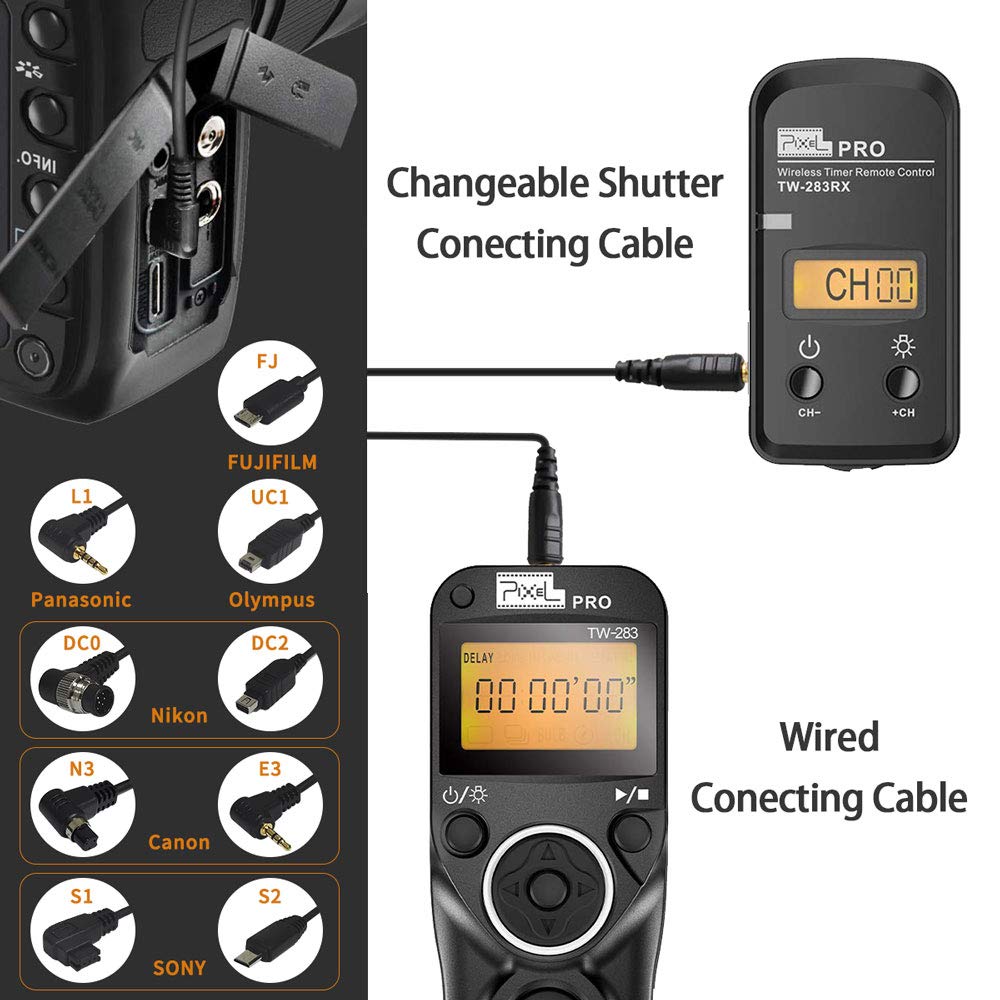 Remote Control Compatible for Sony, Pixel Wireless Shutter Release Cable TW-283 S1/S2 Timer Remote Control Compatible for Sony Alpha A100 A350 A450 A550 A560 A9 A99 A77 A7RII A7