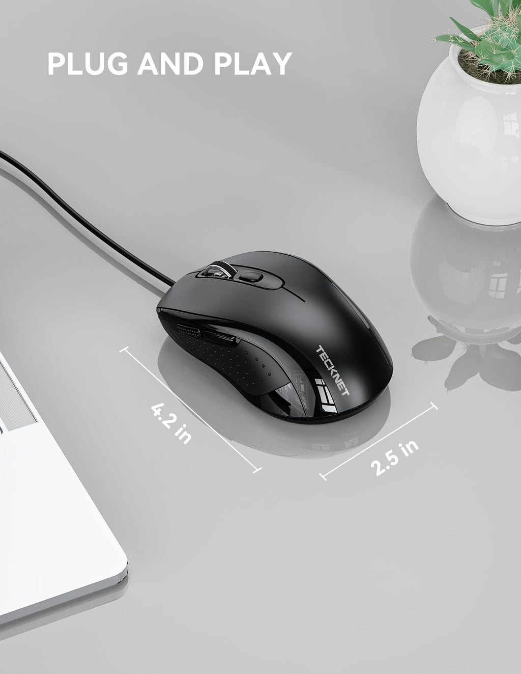 TECKNET Wired Mouse, 3600DPI, USB Wired Computer Mice, 6-Button, 4-Levels