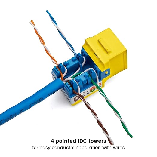 trueCABLE Cat5e Keystone Jack, Unshielded (UTP), 90 Degree Punch-Down, PoE++ (4PPoE) 100W, UL Listed, ETL Verified, ANSI/TIA Certified, Modular RJ45 Female, Yellow, 24 Pack