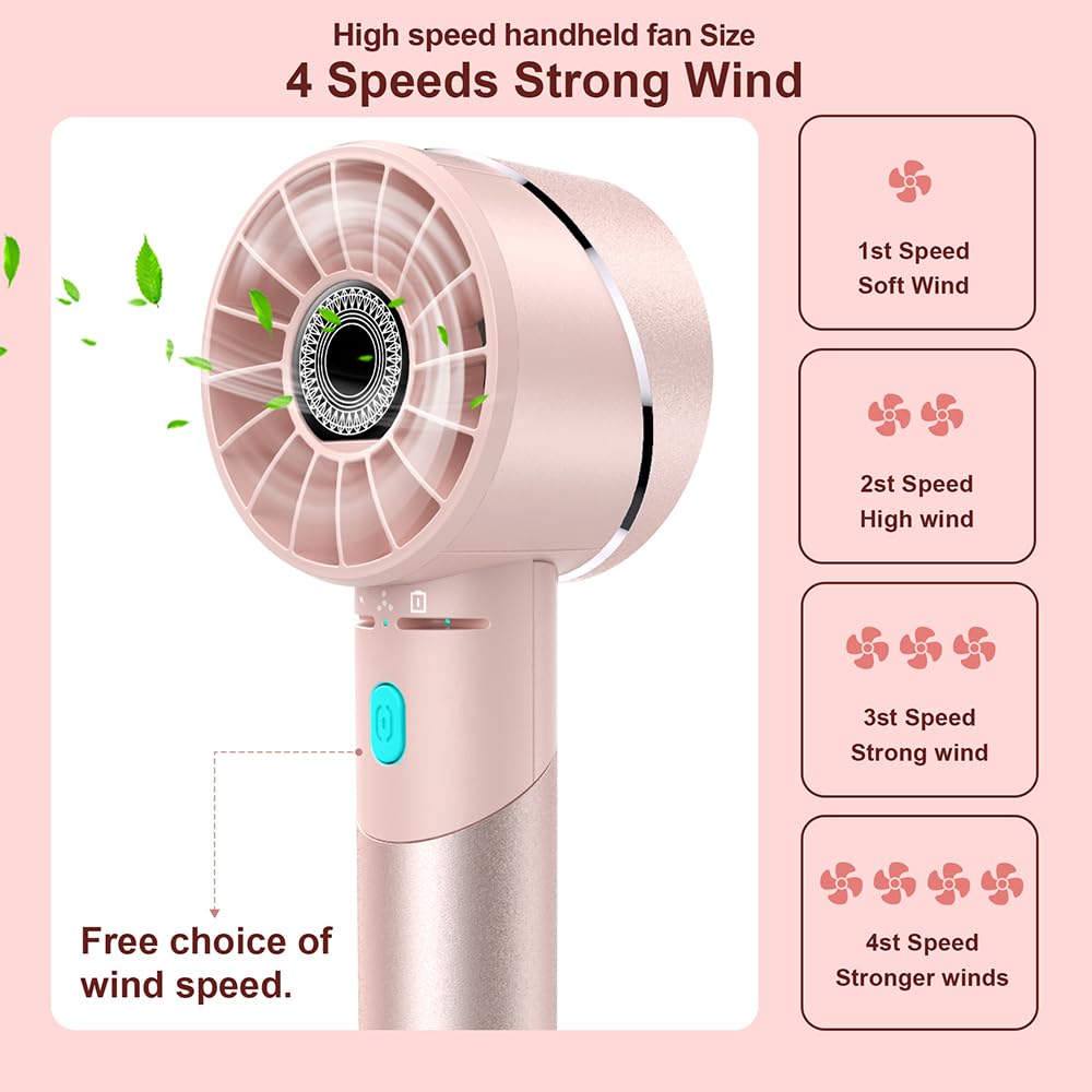 Handheld Fan, Mini Small Portable Turbo Fan, USB Type-C Rechargeable with 4 High Speeds Personal Fans, Max 16 Hours Working Time, Small Hand Fan for Travel, Camping, Office, Home, Outdoor - Pink, G3