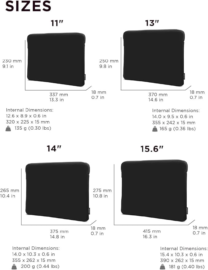 Lenovo Basic Laptop Sleeve 11 Inch Notebook/Tablet Compatible with MacBook Air/Pro Neoprene Material - Soft Fleece Lining - Zippered Top Opening - Black