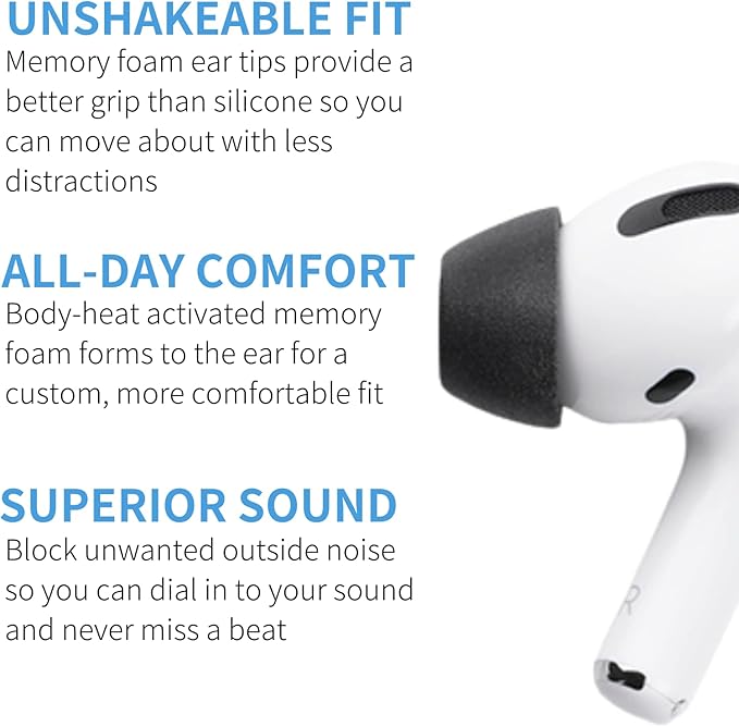 Comply Memory Foam Replacement Earbud Tips for Apple AirPods Pro 1 & 2 | Ultimate Comfort, Secure Fit, Superior Noise Isolation | Anti Slip, Prevent From Falling Out | Black, Large (3 Pairs)