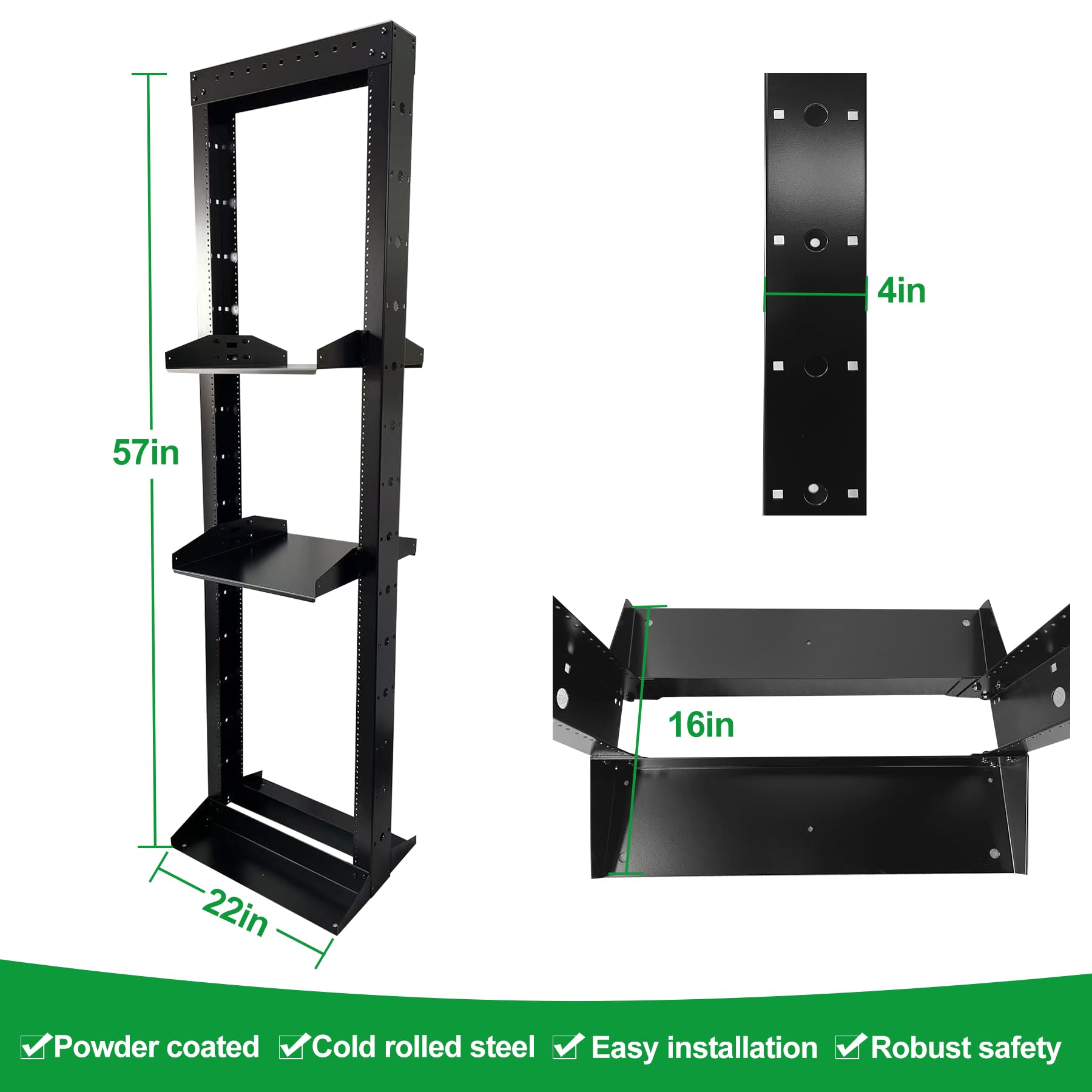GlobalRack 29U 2-Post Open Server Rack, w/ 2X 2U Center Mount Shelves