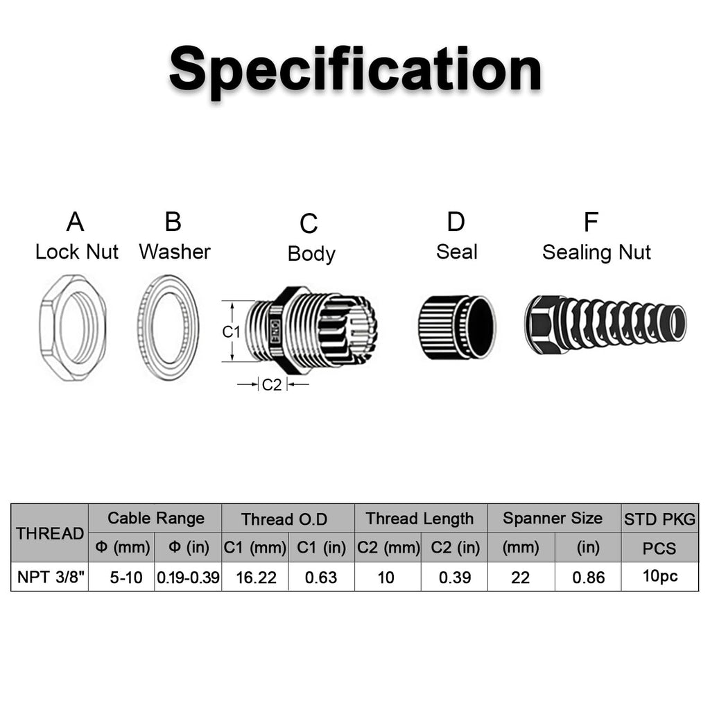 LeMotech 10Pcs NPT 3/8" IP68 Waterproof Cable Gland Flex Spiral Strain Relief Grey Nylon Joint with Gaskets for 5-10mm Wire Thread