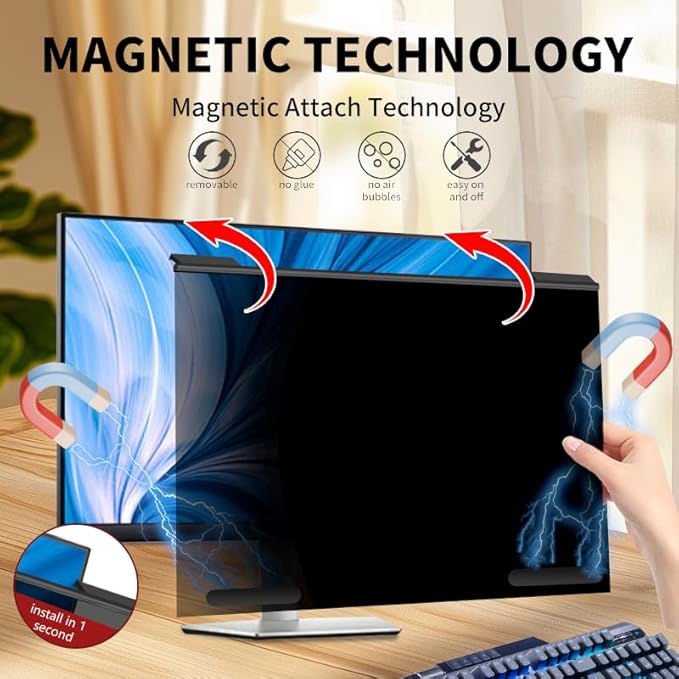 Magnetic Hanging Computer Privacy Screen 32 Inch, Removable Privacy Shield for 16:9 Widescreen Frameless Monitor, Anti Spy Anti Scratch Anti Glare Blue Light Screen Guard