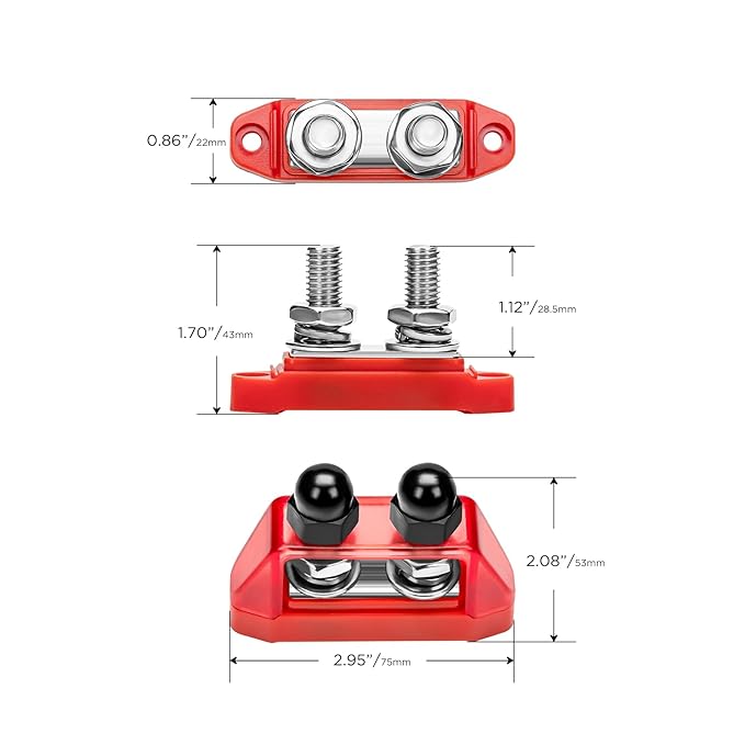 Recoil S2P-38 Bus Bar 250A Power Distribution Block Busbar Dual 3/8” Studs Terminal for Boat Automotive Solar System