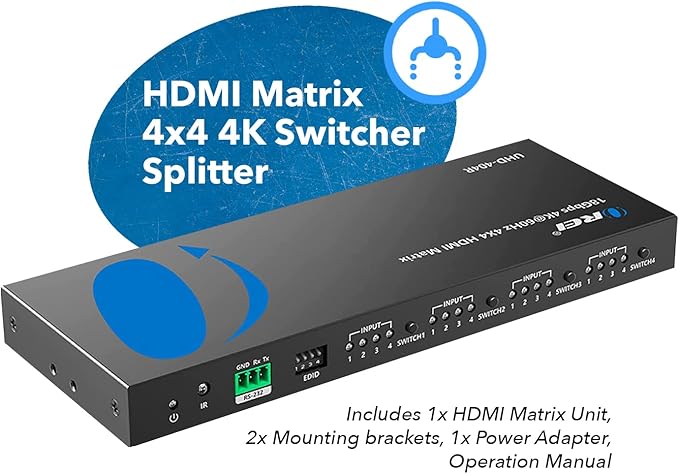 OREI 4x4 HDMI Matrix Switch 4K Downscale, ARC, Audio Extraction, HDCP 2.2