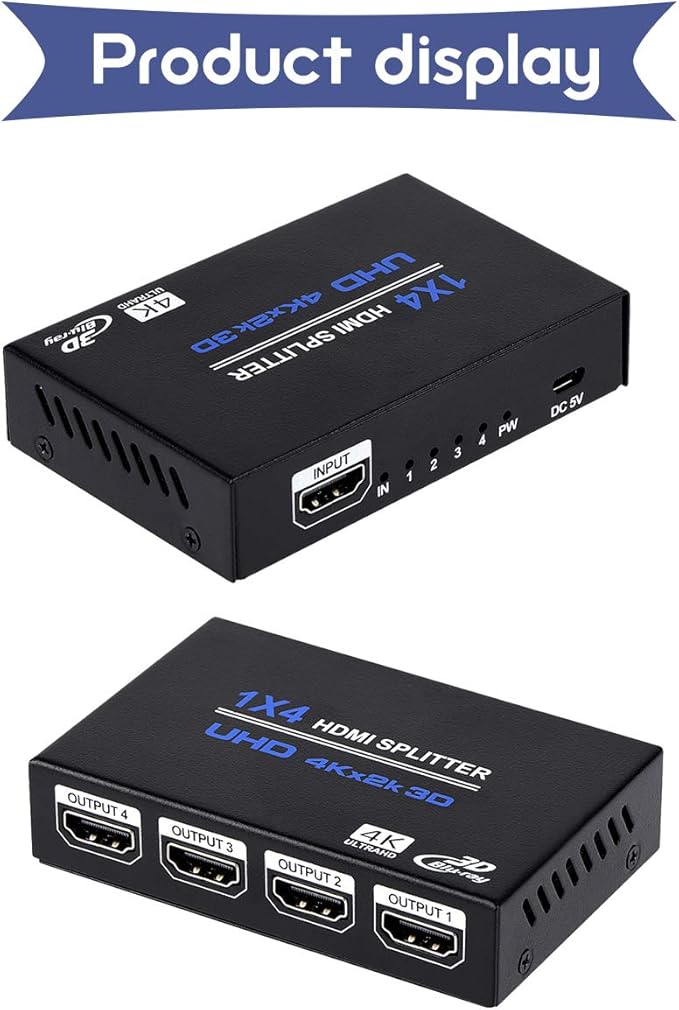 1x4 HDMI Splitter, 1 in 4 Out HDMI Splitter Audio Video Distributor Box Support 3D & 4K x 2K Compatible for HDTV, STB, DVD, PS3, Projector Etc, Duplicate/Mirror Screen Only (Not Extend)