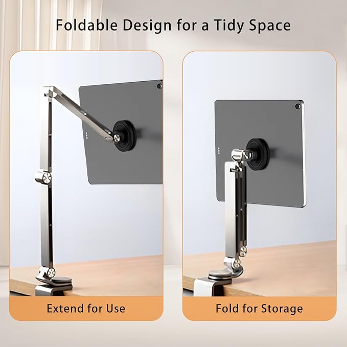 Magnetic Tablet Stand for Desk Aluminum Alloy Phone iPad Desk Holder Overhead Arm Mount with 360°Rotate Base for Magsafe/iPhone/Android/iPad (Magnetic Silver)