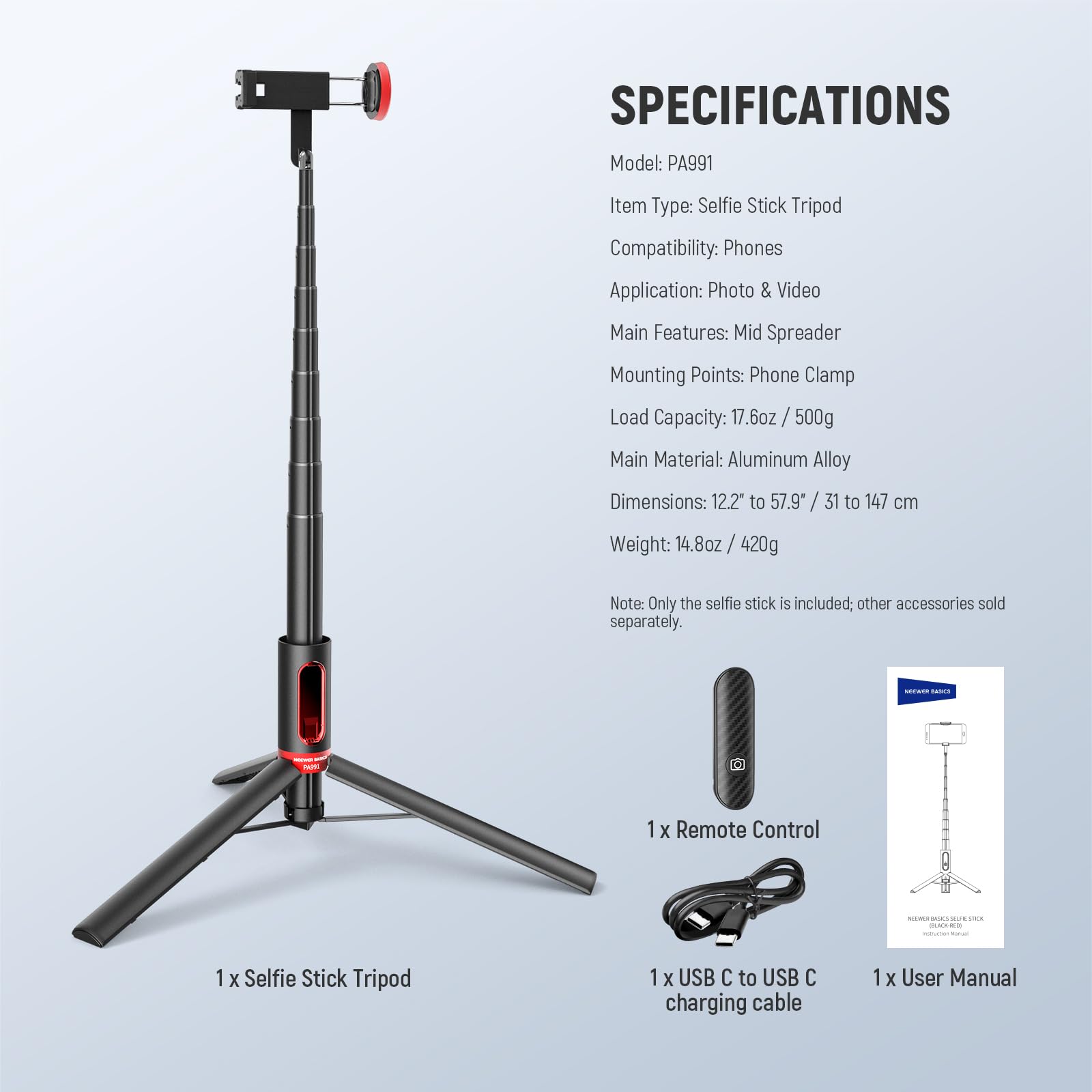 NEEWER Basics PA991 Selfie Stick Tripod Compatible with iPhone Samsung Android, 57.9 Inch Metal Portable Lightweight Travel Mobile Phone Stand with Holder & Remote Control for Video Recording