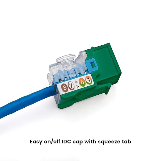 TRUE CABLE Cat5e Keystone Jack, Unshielded (UTP), 90 Degree Punch-Down, PoE++ (4PPoE) 100W, UL Listed, ETL Verified, ANSI/TIA Certified, Modular RJ45 Female, Green, 48 Pack