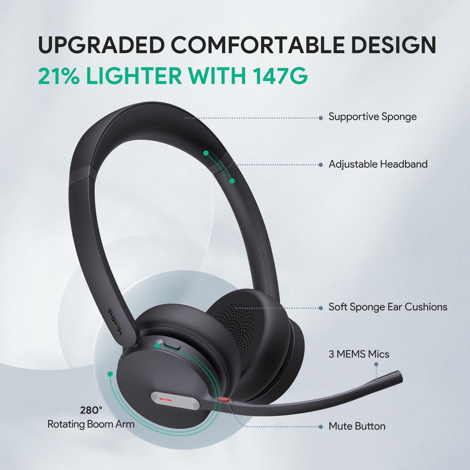 Yealink BH70 Teams Bluetooth Headset with Mic for Work, 35h Talk Battery