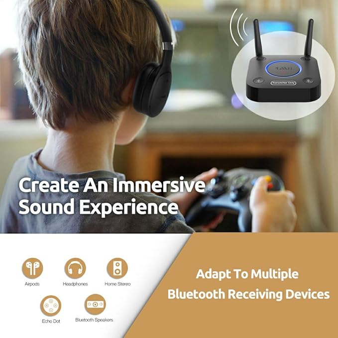 1Mii B06TX Bluetooth 5.2 Transmitter for TV to Wireless Headphone/Speaker, Bluetooth Adapter for TV w/Volume Control, AUX/RCA/Optical/Coaxial Audio Inputs, Plug n Play, aptX Low Latency & HD