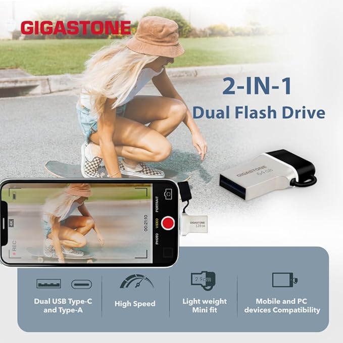 GIGASTONE 64GB Nano Luxus Dual Drive (5 Pack) Z50 USB 3.2 Gen 1, 2-in-1 USB-A & Type-C, 100MB/s Ultra Fast, Cap Design, Metal, Plug & Play for Smartphone/PC/Mac/TV/Car, 2.0/3.0/3.1 Compatible