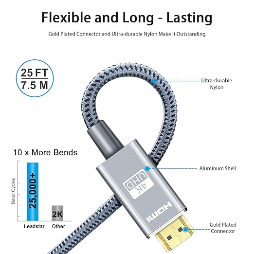 LEADSTAR HDMI Cable 4K 25 ft /7.5m, High Speed HDMI 2.0 Cord Braided | 4K@60Hz, Ultra HD, 2160p, ARC, HDR, 3D, HDCP 2.2 | for Xbox, PS5, TV, Laptop, Monitor