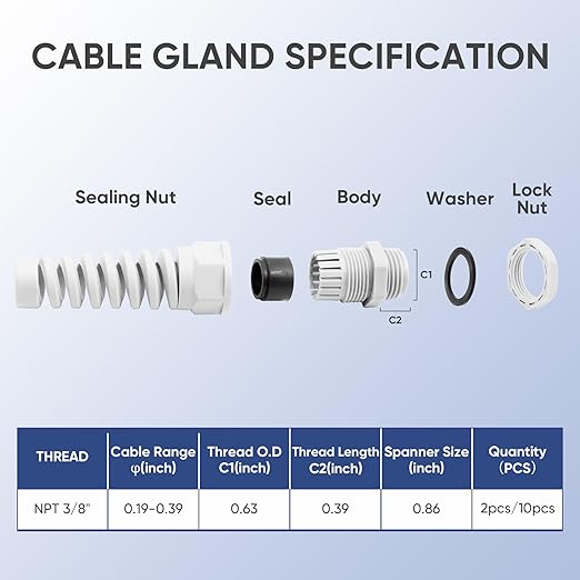 Strain Relief Cord Connector,LISTENJIALE 10Pcs NPT 3/8" Waterproof Cable Gland Flex Spiral Strain Relief Adjustable 5-10mm Cable Connector Nylon Joint with Gaskets(Grey)
