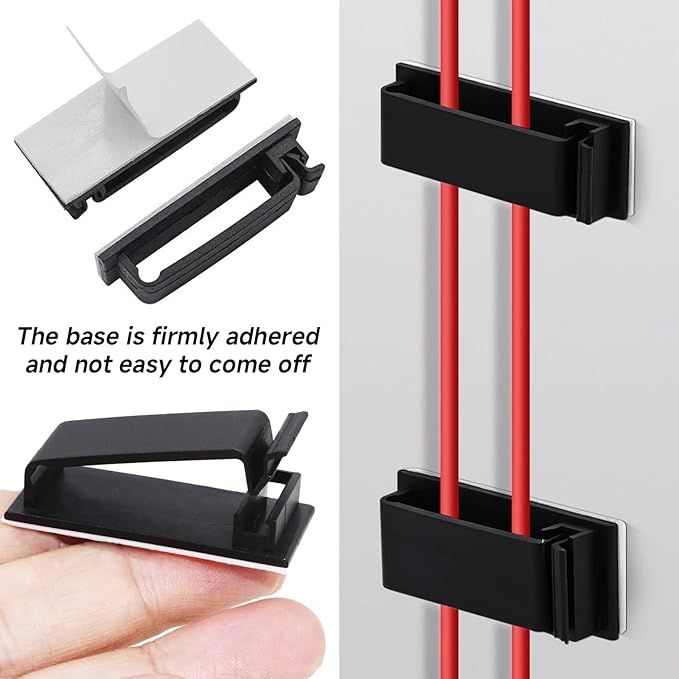 Adhesive Cable Clips Holder, Outdoor Light Clips, Black Cord Wire Clips, Sturdy Nylon Cord Wall Finisher Wire Clamp for Home, Car, Office Desk Wire Management (Black, L-100 PCS)