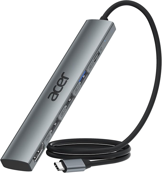 Acer USB C Hub 5 in 1 with 4K HDMI, 100W Power Delivery, 3 USB A Data Ports, USB C to HDMI Multiport Adapter for Laptop, PC, Tablet, MacBook Pro/Air, iPad Air/Pro, iMac, iPhone 15/16 Pro/Pro Max (2ft)