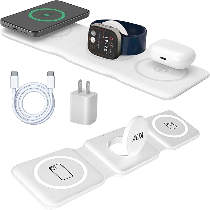 3-in-1 Magnetic Wireless Charger for iPhone, Apple Watch & AirPods – Fast Charging Station, Foldable Dock for Travel & Desk, Compatible with All iPhone Models, with 20W Adapter