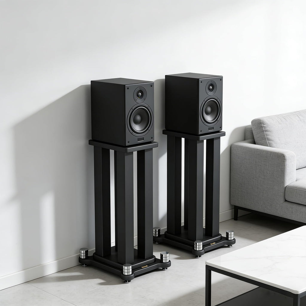 A Pair of Speaker Stands, Bookshelf Speaker Stand Steel Frame Support for Speakers up to 40 kg, Vibration-Absorbing MDF Design, Studio Monitor Stands Improves Sound Quality (60cm/23.6in)