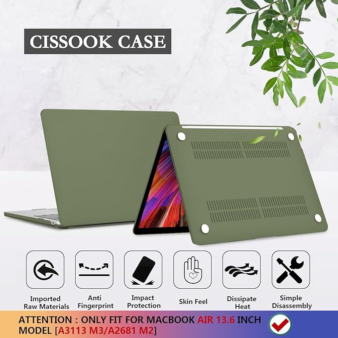 CISSOOK Compatible with MacBook Air 13.6 inch Case M4 A3240 M3 A3113 M2 A2681, Hard Shell Case with Keyboard Cover USB Adapter for MacBook Air 13.6 inch 2022-2025, Avocado Green