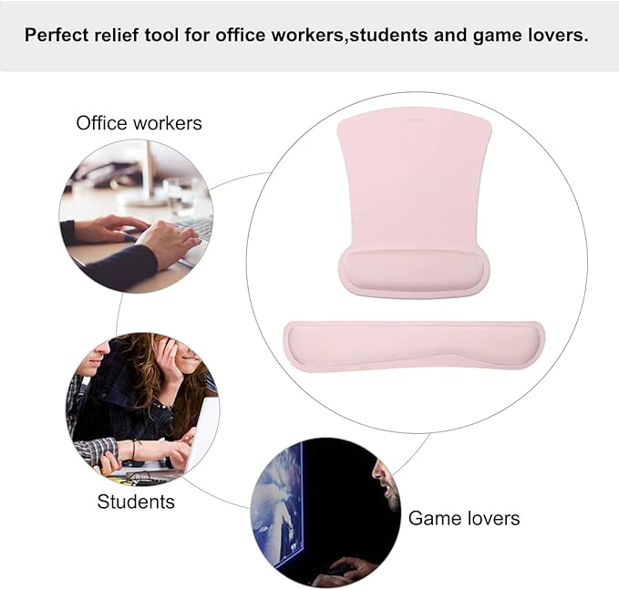 MOSISO Wrist Rest Support for Mouse Pad & Keyboard Set, Ergonomic Mousepad Non-Slip Base Home/Office Pain Relief & Easy Typing Cushion with Neoprene Cloth & Raised Memory Foam, Pink