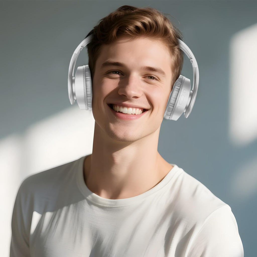 TUINYO Bluetooth Headphones Wireless, Over Ear Stereo Wireless Headset 40H Playtime with deep bass, Soft Memory-Protein Earmuffs, Built-in Mic Wired Mode PC/Cell Phones/TV-White