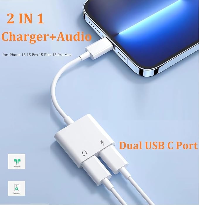 Dual USB C Headphone and Charger Adapter for iPhone 16,Dual USB C AUX + Charger Dongle Splitter Adapter Compatible with iPhone 16/16 Pro/16 Pro Max/15/15Pro/15Pro Max Support Call+Charging( 2Pack)