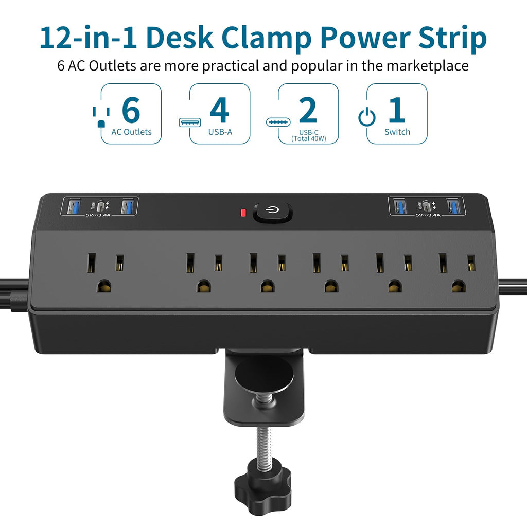 Desk Clamp Power Strip 2 USB C Desktop Mount Outlet Charging Station, 10FT Extension Cord Flat Plug with 6 AC, Removable 40W Fast Charging Surge Protector Power Strip Fits 1.8" Office Tabletop Edge