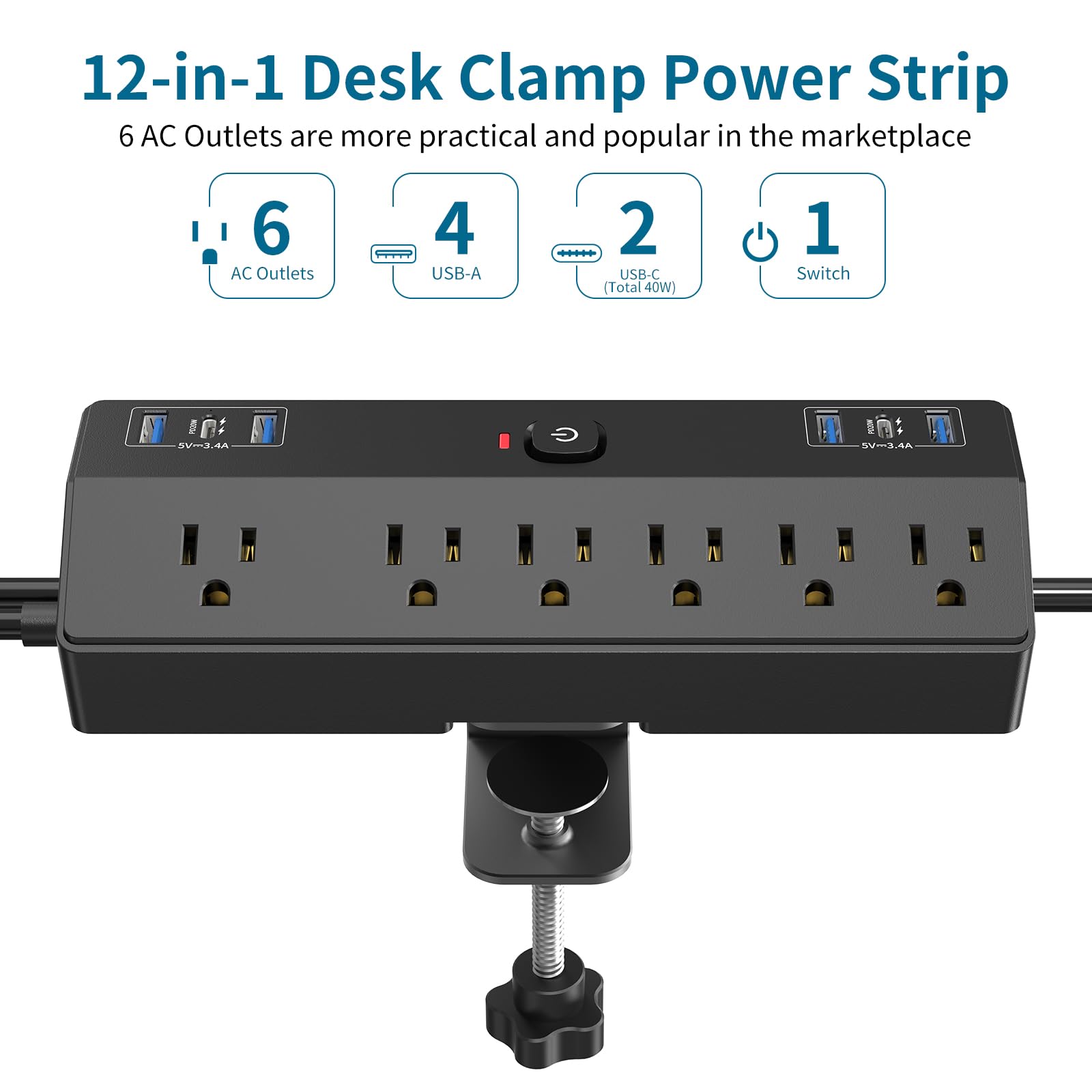 Desk Clamp Power Strip 2 USB C Desktop Mount Outlet Charging Station, 10FT Extension Cord Flat Plug with 6 AC, Removable 40W Fast Charging Surge Protector Power Strip Fits 1.8" Office Tabletop Edge