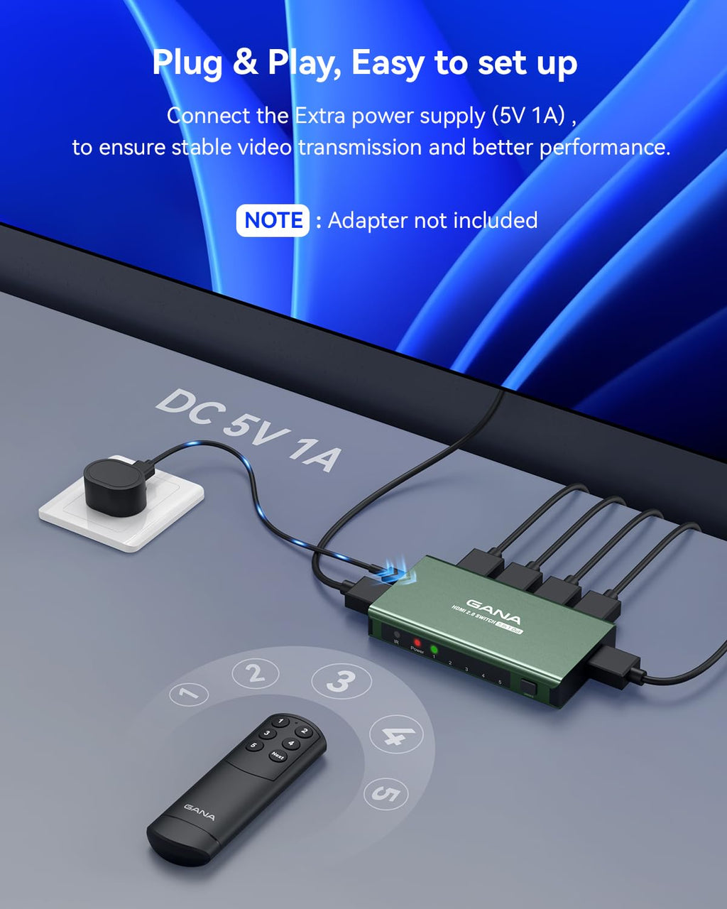HDMI Switch 5 in 1 Out 4K@60Hz, GANA HDMI Splitter Switcher with Remote, Aluminum HDMI 2.0 Switch Box Hub for 3D, HDCP2.2, HDR, Compatible with Xbox, PS5/4/3,Fire Stick,Roku,Blu-Ray Player, Green