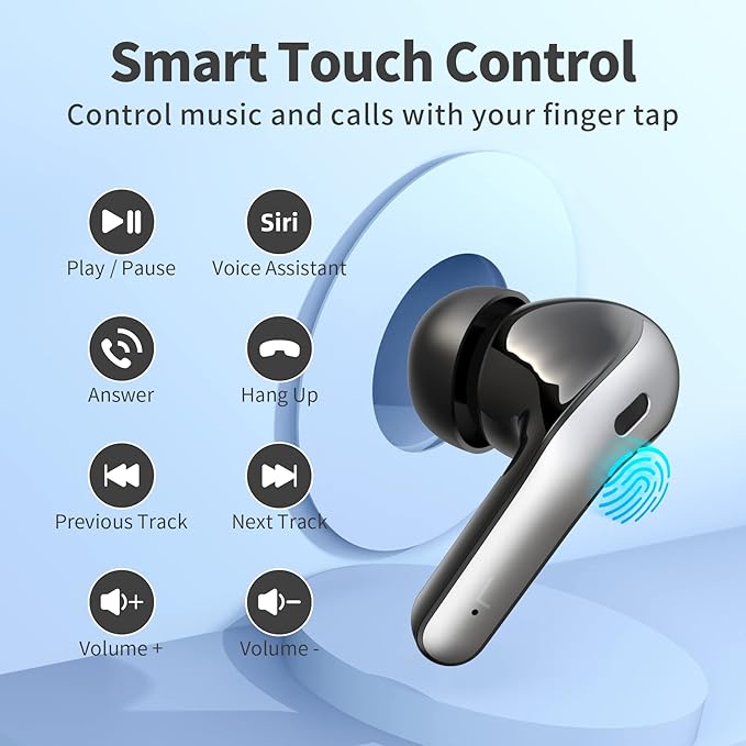 TAGRY Bluetooth Headphones True Wireless Earbuds 60H Playback LED Power Display Earphones with Wireless Charging Case IPX5 Waterproof in-Ear Ear buds with Mic for TV Smart Phone Laptop Computer Sports