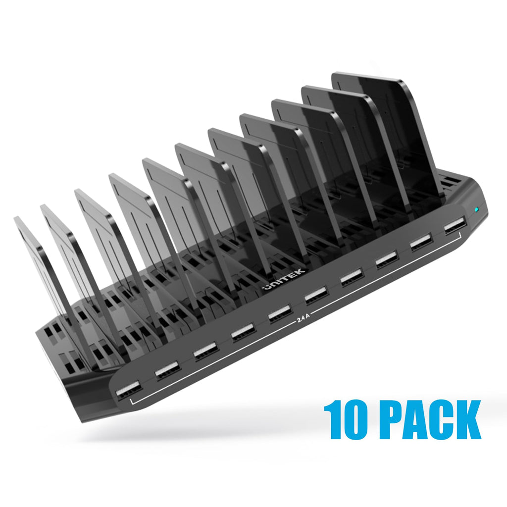 【10PCS】 Unitek Multi Charging Station, 10-Port USB Charger for Multiple Device with SmartIC Tech and Adjustable Dividers, Organizer Stand Compatible with iPad, Tablet, Kindle, iPhone - 10PCS, Black