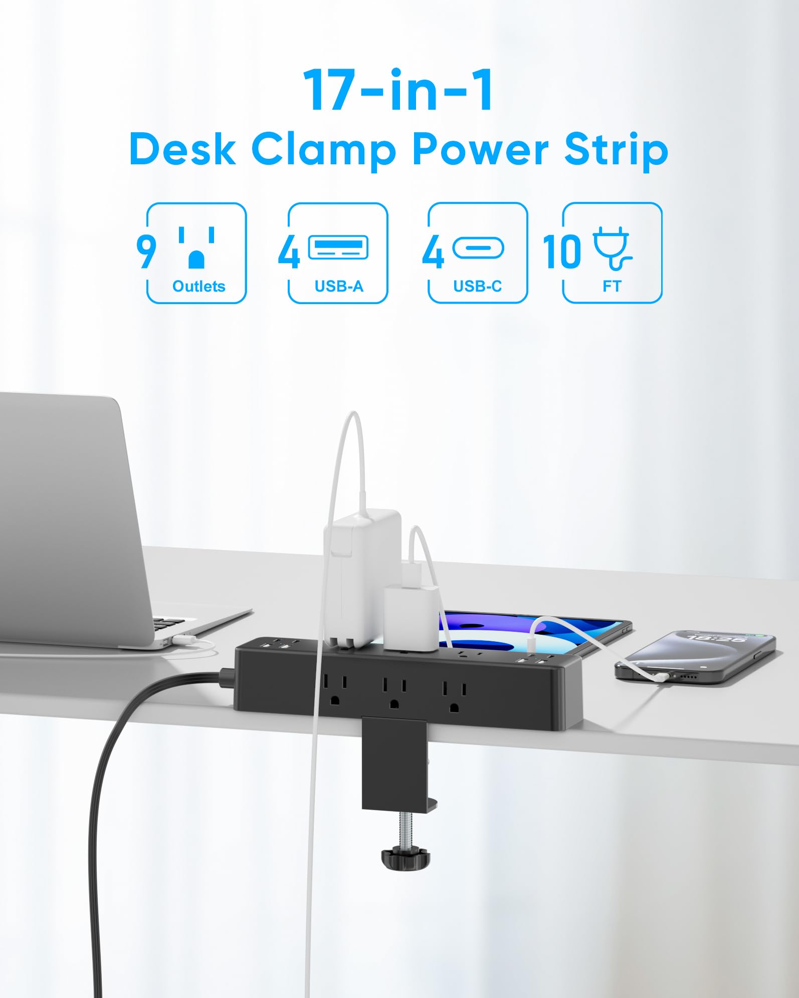 Acozvin Desk Clamp Power Strip 10FT, 24W Total Charging Station