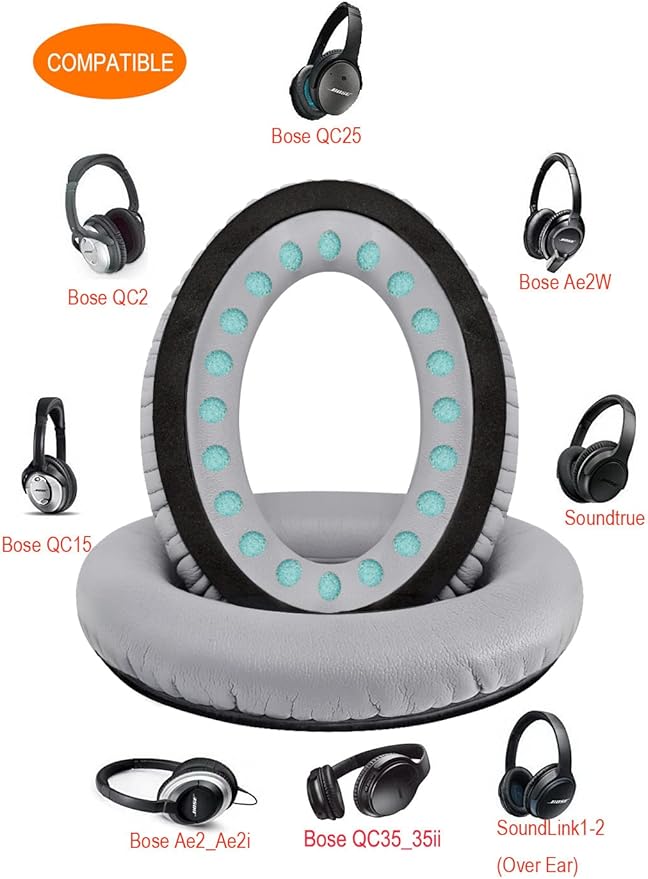 Professional Headphone Replacement Ear Pads for Bose QuietComfort 35 QC 2 15 25 Earpads Cushion for QC2 QC15 QC25 SoundTrue SoundLink Around-Ear Headphones (QC35/35ii, Silver Cushion + Grey Mat)