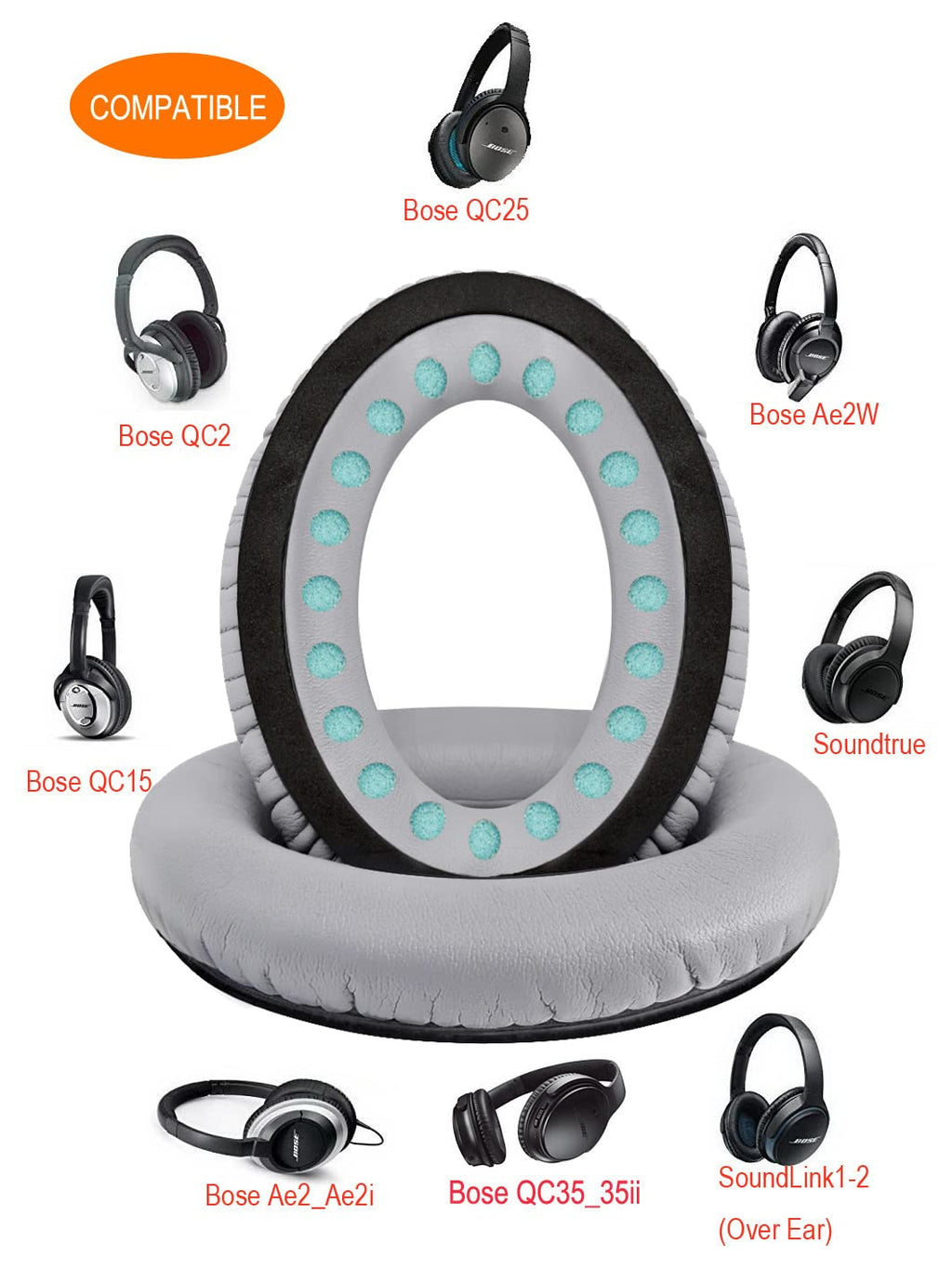 QOQOON Professional Headphone Replacement Ear Pads for Bose QuietComfort 35 QC 2 15 25 Earpads Cushion for QC2 QC15 QC25 SoundTrue SoundLink Around-Ear Headphones Ear Pads with Memory Foam (Grey)