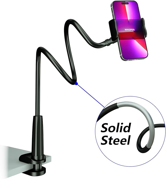 Cell Phone Clip Bed Stand Holder, with Grip Flexible Long Arm Gooseneck Bracket Mount Clamp for Desk, Compatible with iPhone 14 Pro Max XR X 8 7 6 or Other 3.5-7" Devices (Black)