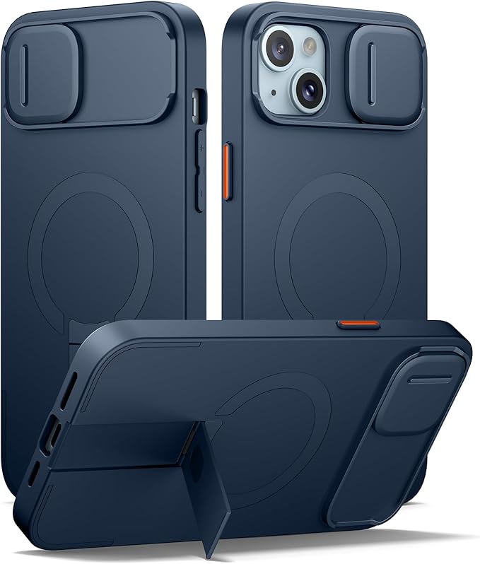 SURITCH for iPhone 14 Plus/15 Plus Case with Magnetic Camera Slide Cover and Adjustable Kickstand, Compatible with MagSafe, Shockproof Bumper Case Slim Protective Cover 6.7 Inch, Blue
