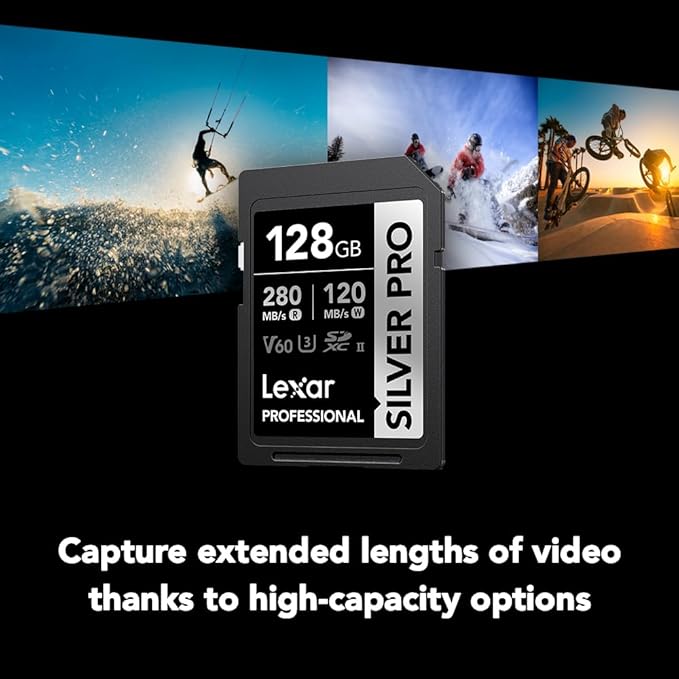 Lexar 128GB Professional SILVER PRO SD Card, UHS-II, C10, U3, V60, Full HD, 4K, Up To 280MB/s Read SDXC Memory Card, for Professional Photographer, Videographer, Enthusiast (LSDSIPR128G-BNNNU)