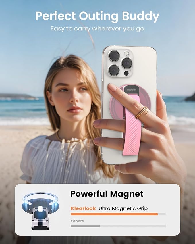 2025 Klearlook for MagSafe Phone Grip with Silicone Finger Strap, Removable Magnetic Phone Ring Holder with Adjustable Kickstand, Finger Phone Ring Grip for iPhone 16/15/14/13/12 Series, Pink