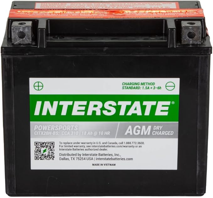 Interstate Batteries YTX20H-BS 12V 18Ah Powersports Battery 310CCA High-Performance AGM Rechargeable Replacement for Arctic Cat, Harley Motorcycles, Bikes, ATVs, Jet Skis, Snowmobiles (CITX20H-BS)
